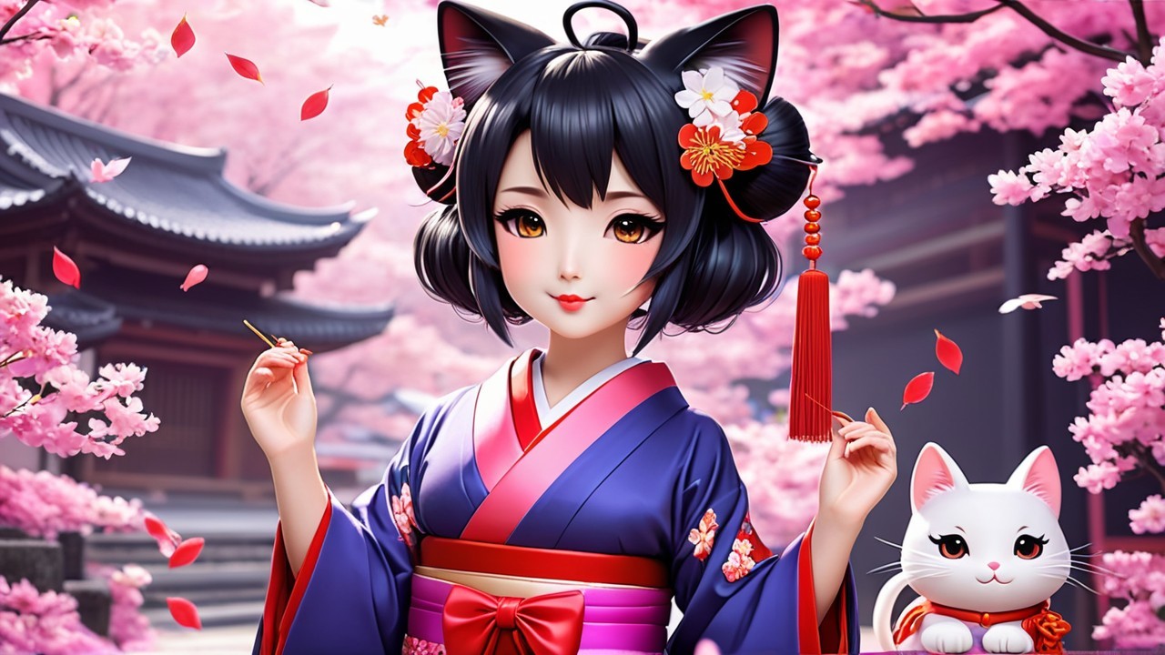 Young woman in kimono among cherry blossoms with cat