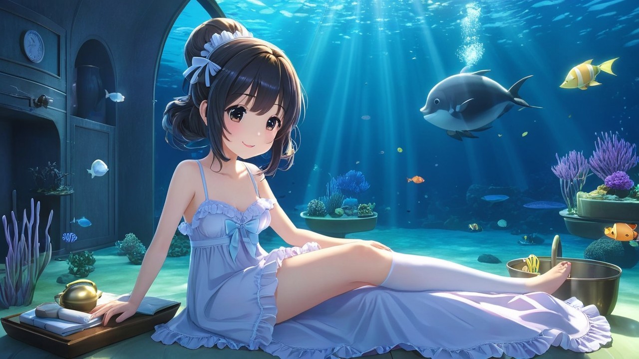 Young Girl in Light Blue Dress Surrounded by Marine Life
