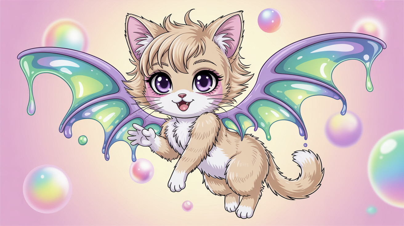 Fluffy Cartoon Cat with Fairy Wings in Gradient Background