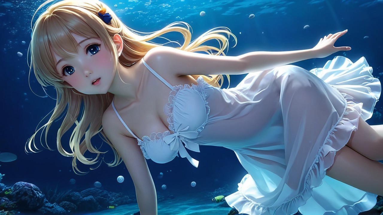 Underwater Scene with a Young Woman in White Dress
