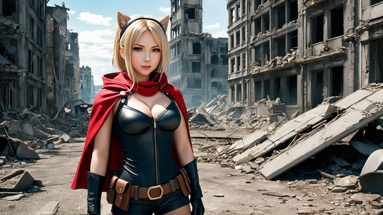 Fierce Character in Ruined Cityscape with Cat Ears