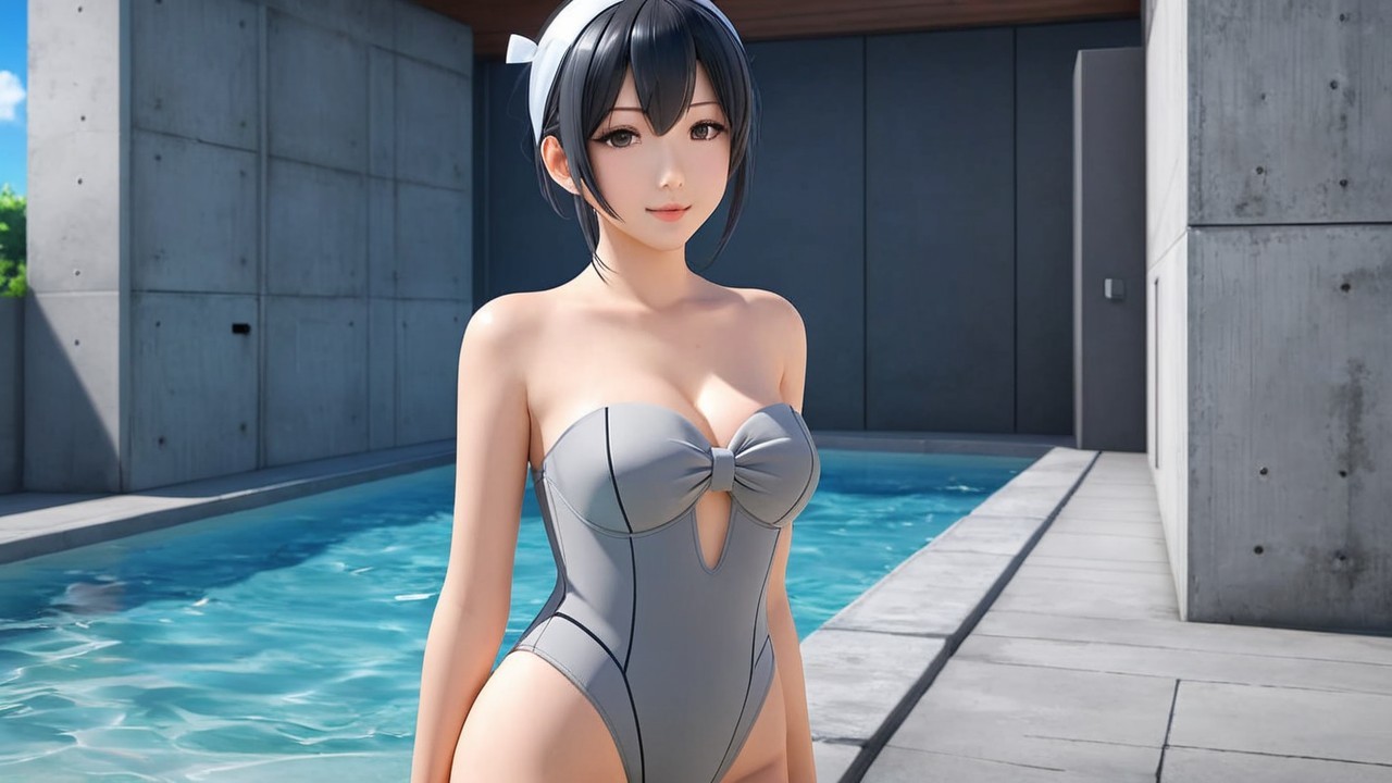 Young Woman in Gray Swimsuit by Modern Poolside