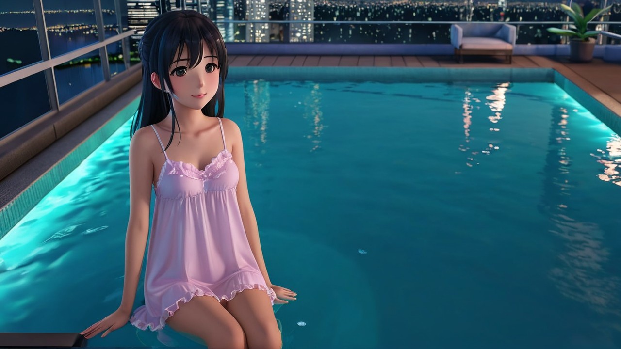 Young woman by illuminated pool in serene cityscape