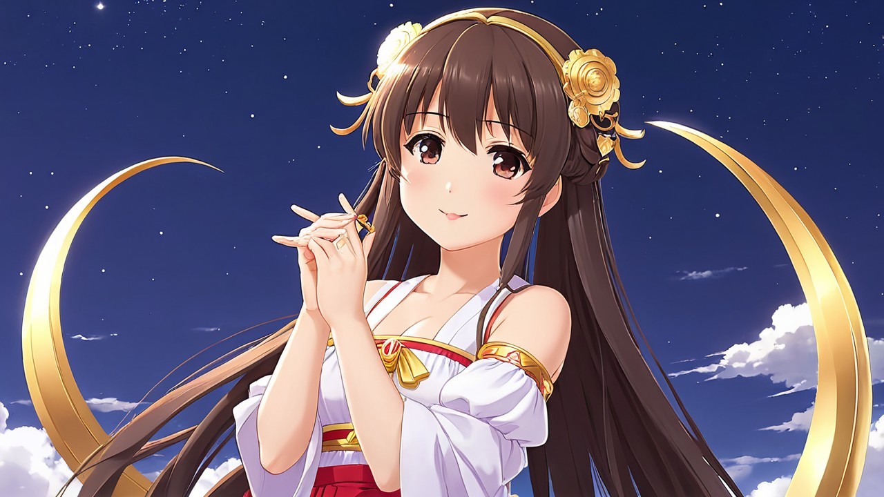 Anime Girl in Traditional Outfit Under Starry Sky