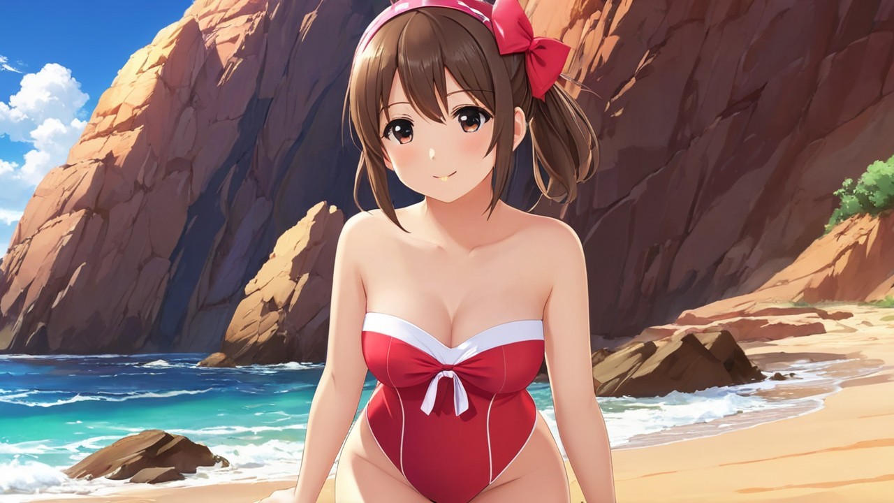 Cheerful girl in red swimsuit by vibrant beach scene