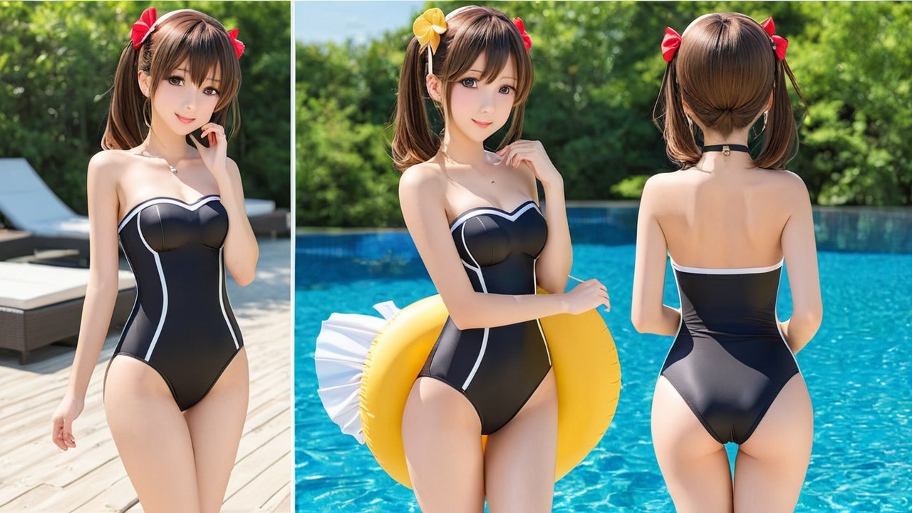 Young Woman in Black Swimsuit by Clear Blue Pool