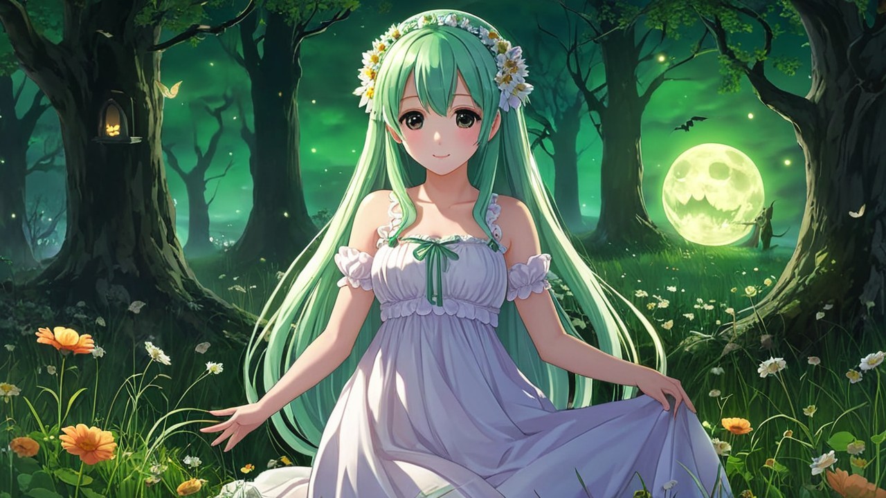 Moonlit Forest Scene with Girl in White Gown
