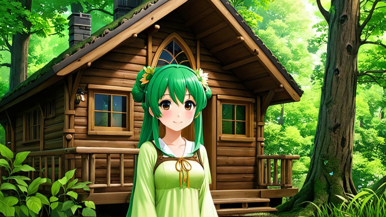 Cheerful girl with green hair by a wooden cabin