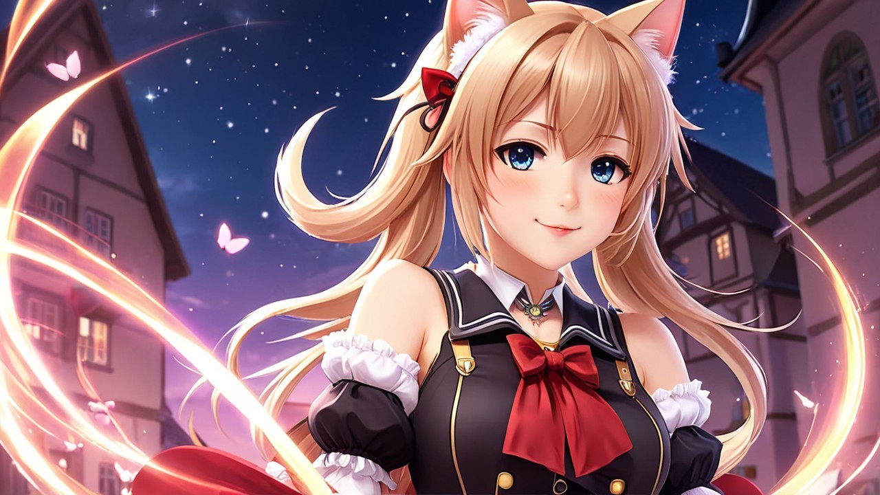 Anime Character with Cat Ears in Twilight Setting