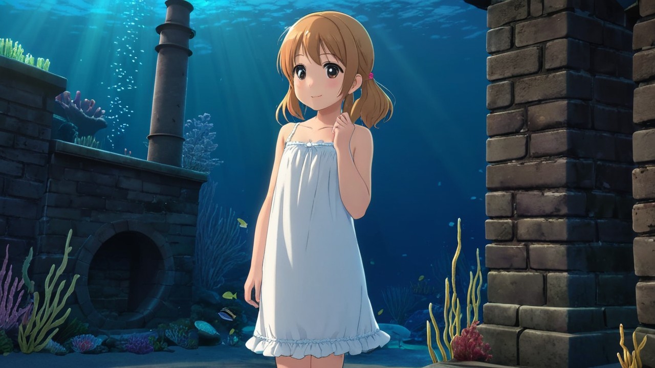 Young girl in white dress in vibrant underwater scene