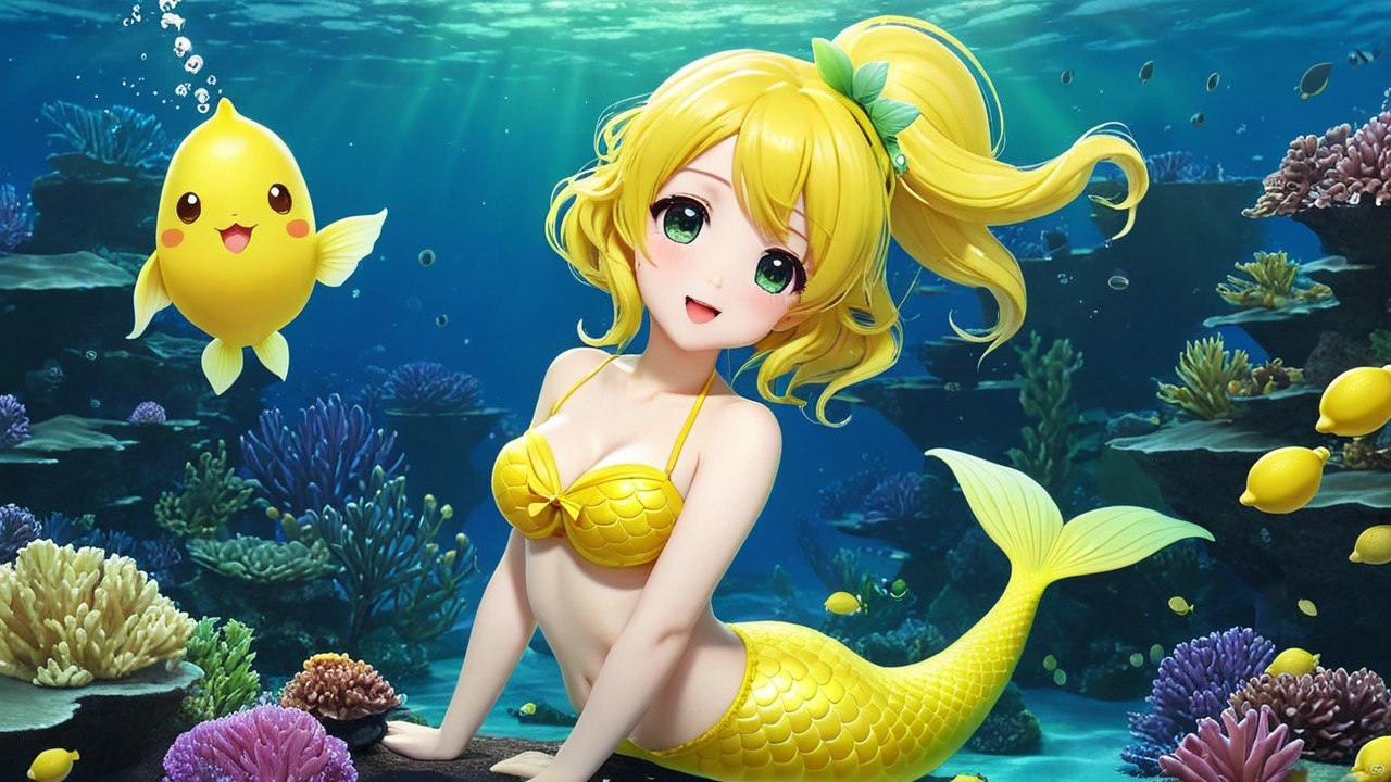 Cheerful Mermaid in Colorful Underwater Scene