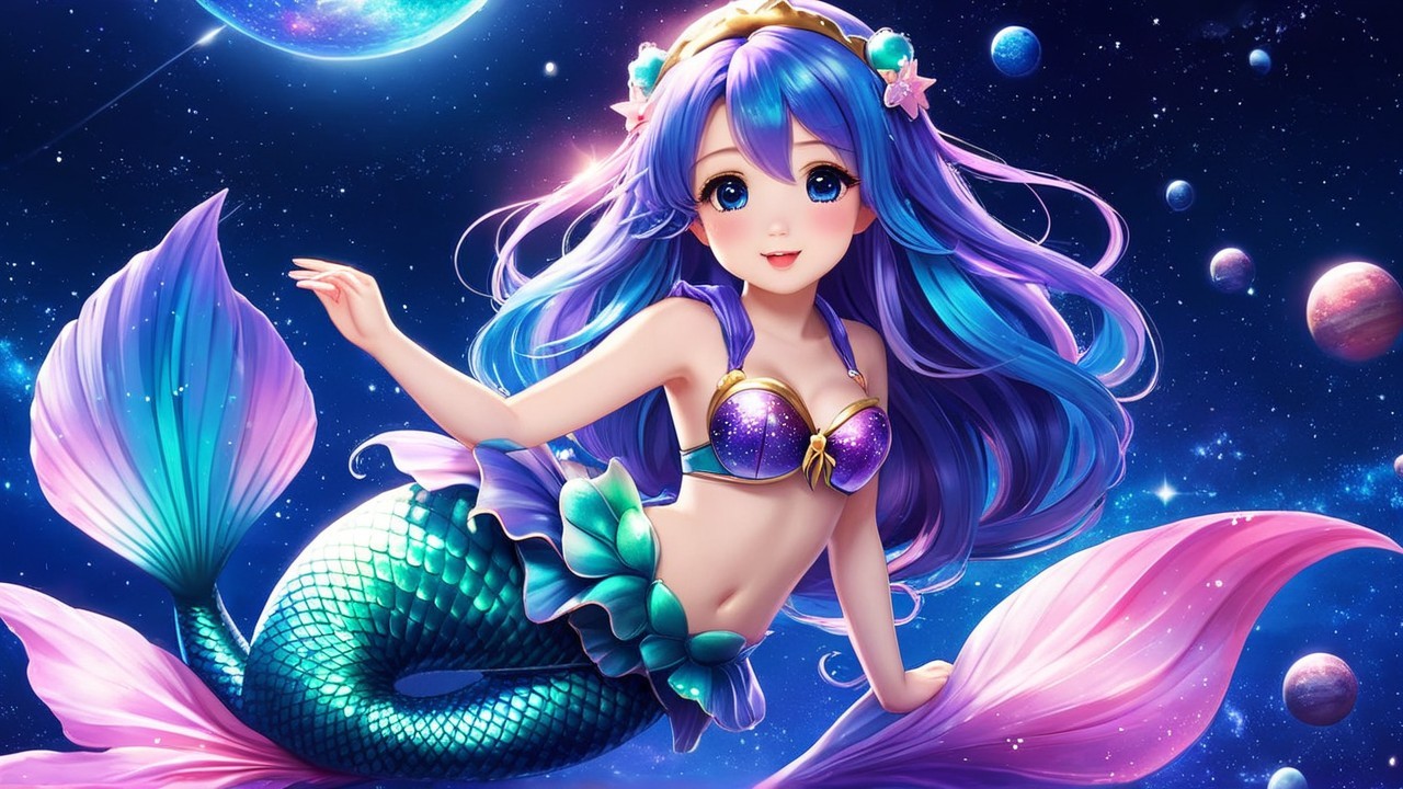 Vibrant Mermaid Swimming in a Cosmic Sea Scene