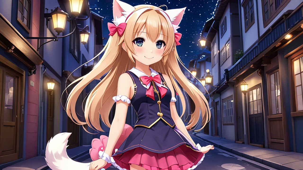 Anime girl in vintage street at night with cat ears