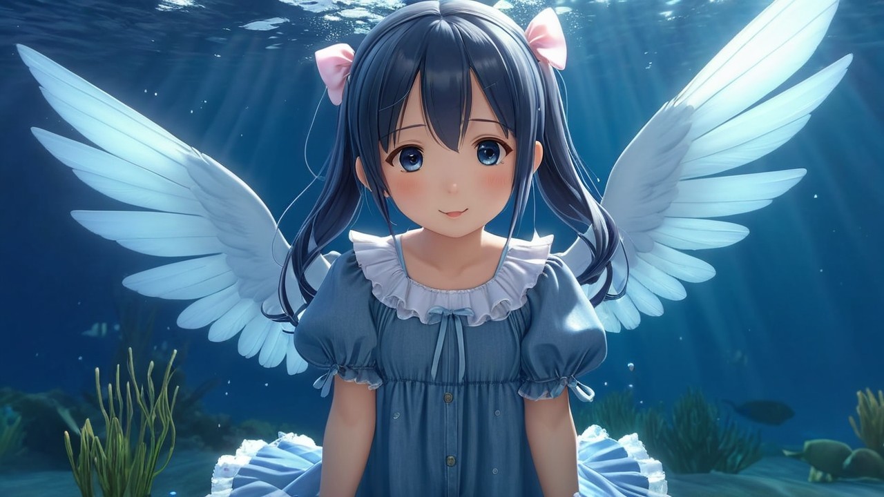 Underwater Scene with Girl and Angel Wings