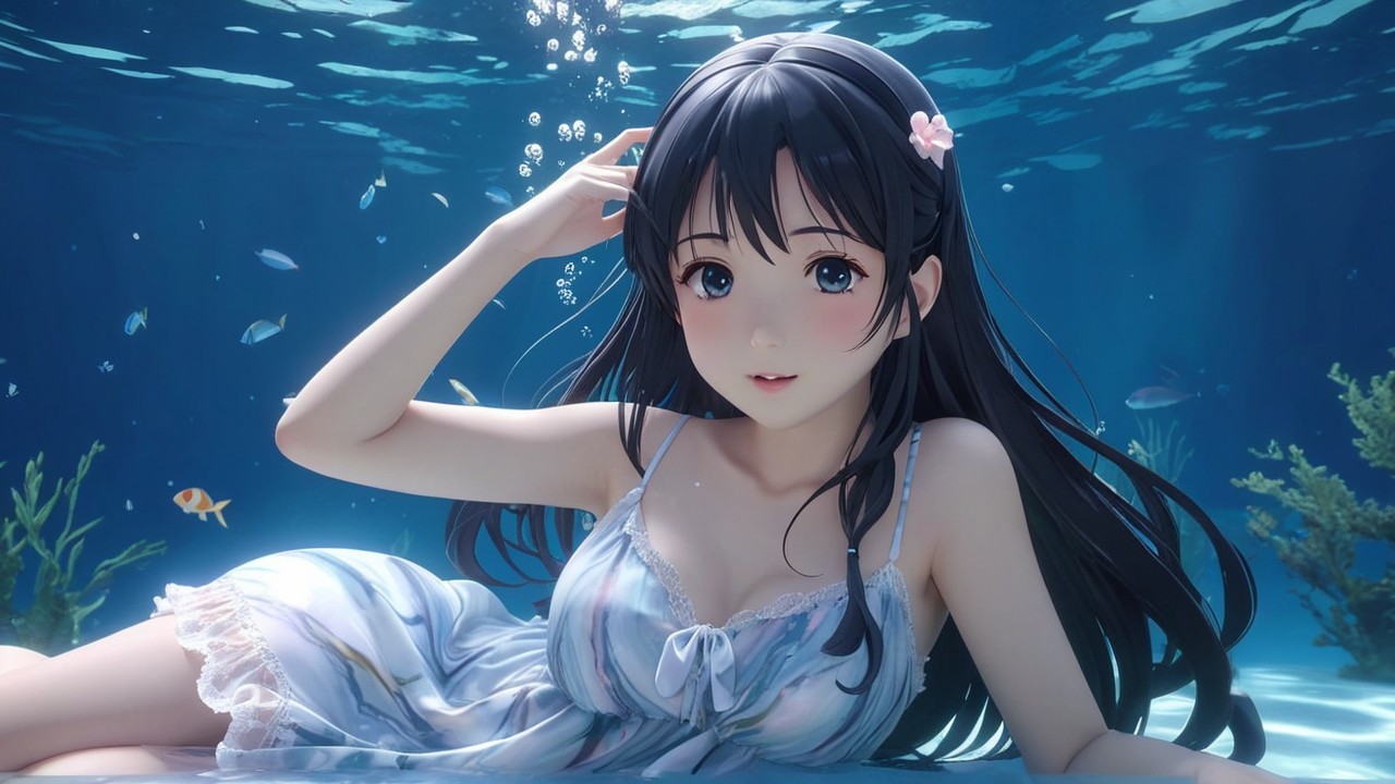Underwater Scene with Woman in Dreamy Dress and Fish