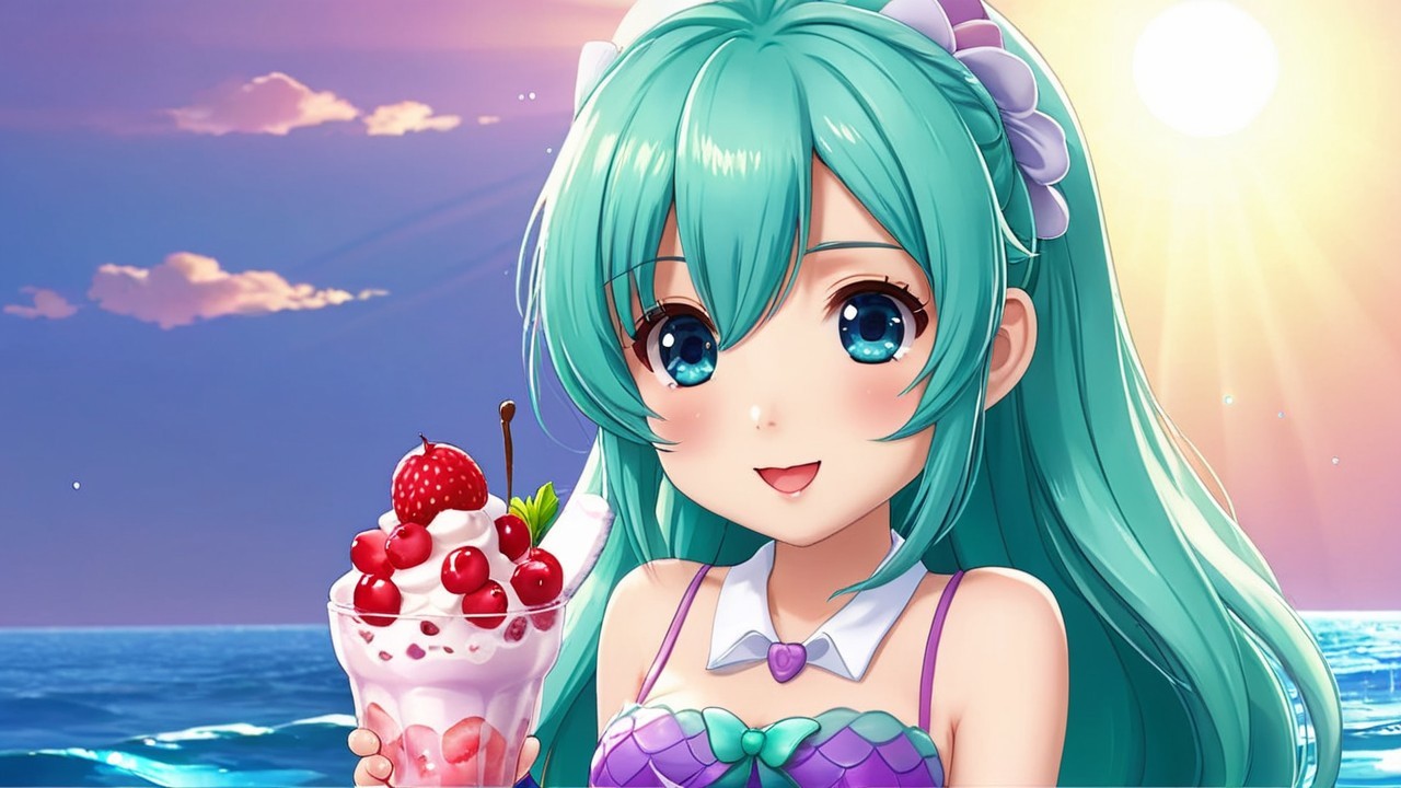 Animated girl with teal hair enjoying an ice cream sundae