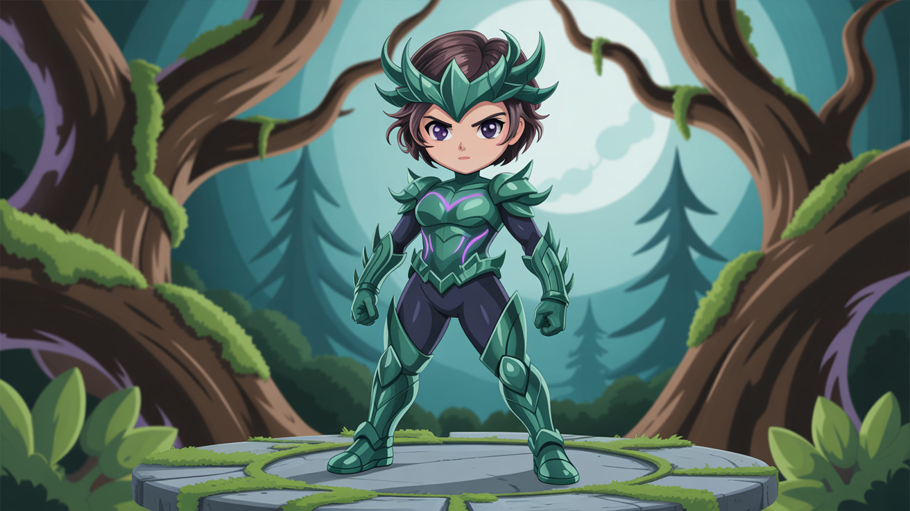 Chibi-style female warrior in a mystical forest setting
