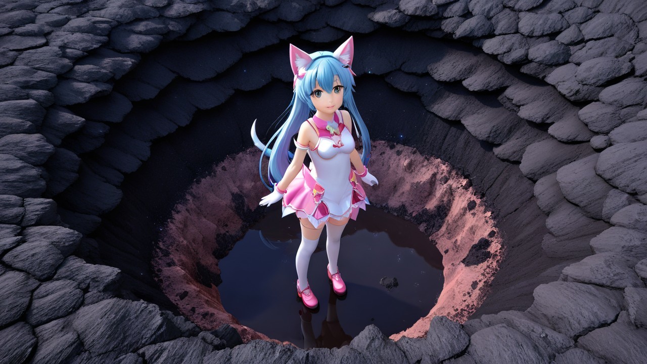Anime Character in Crater with Water and Lava Rock