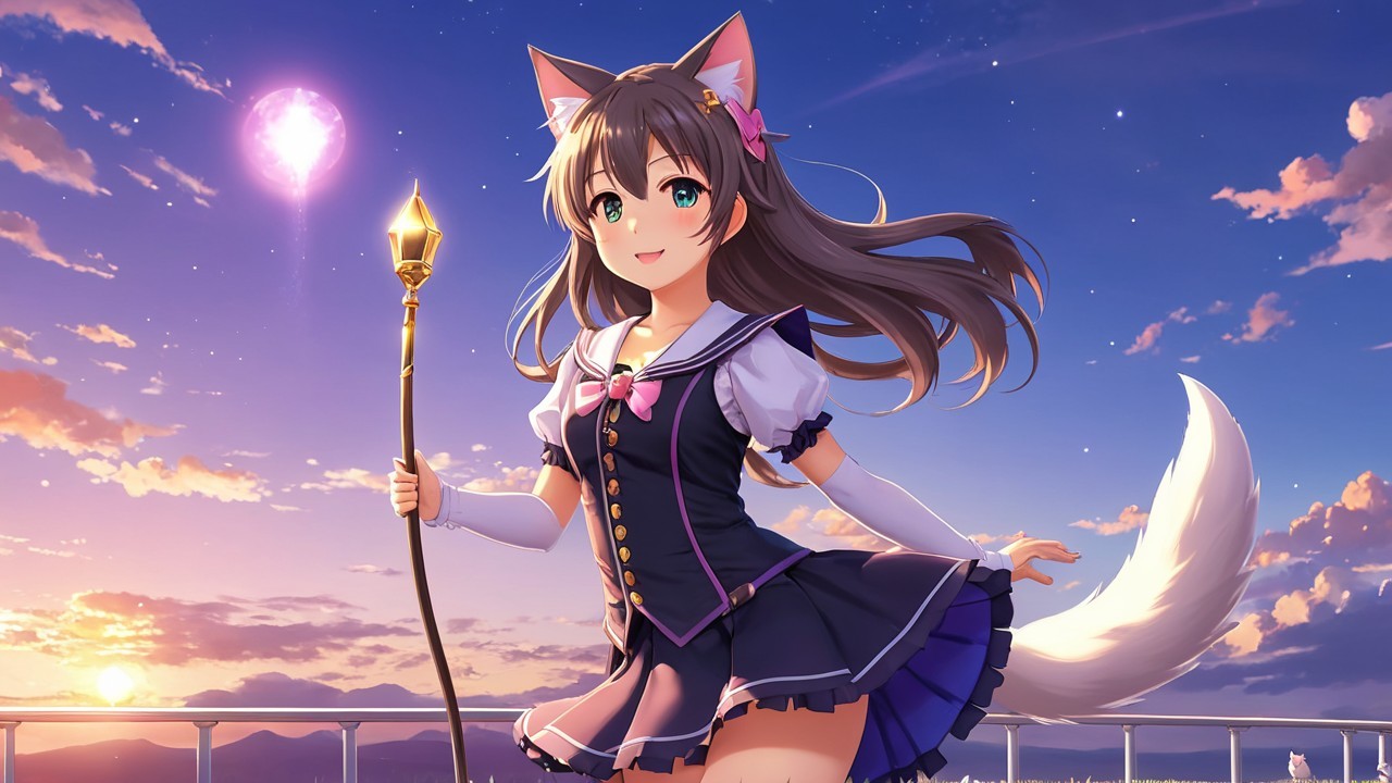 Girl with cat ears on balcony at sunset with staff