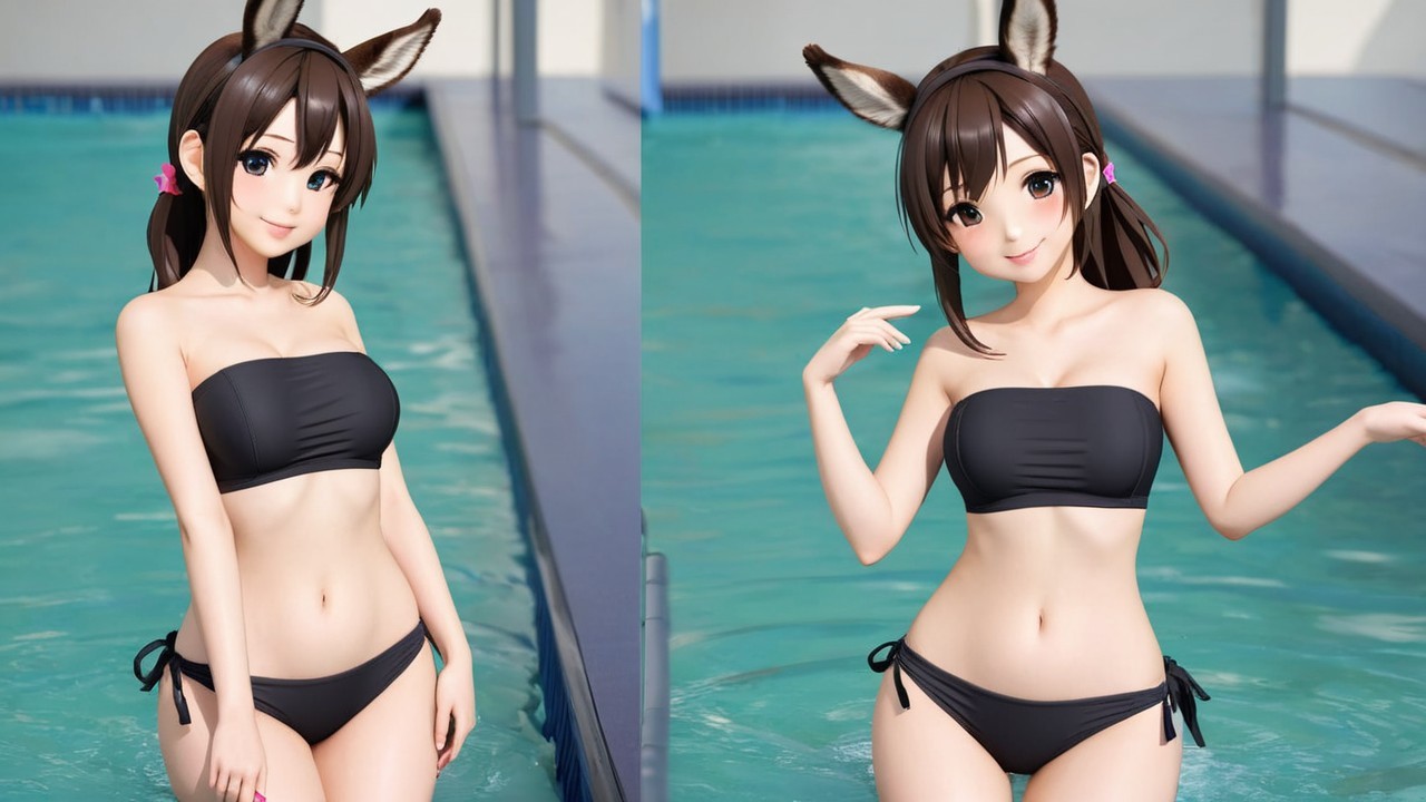 Playful Character in Black Bikini by Poolside