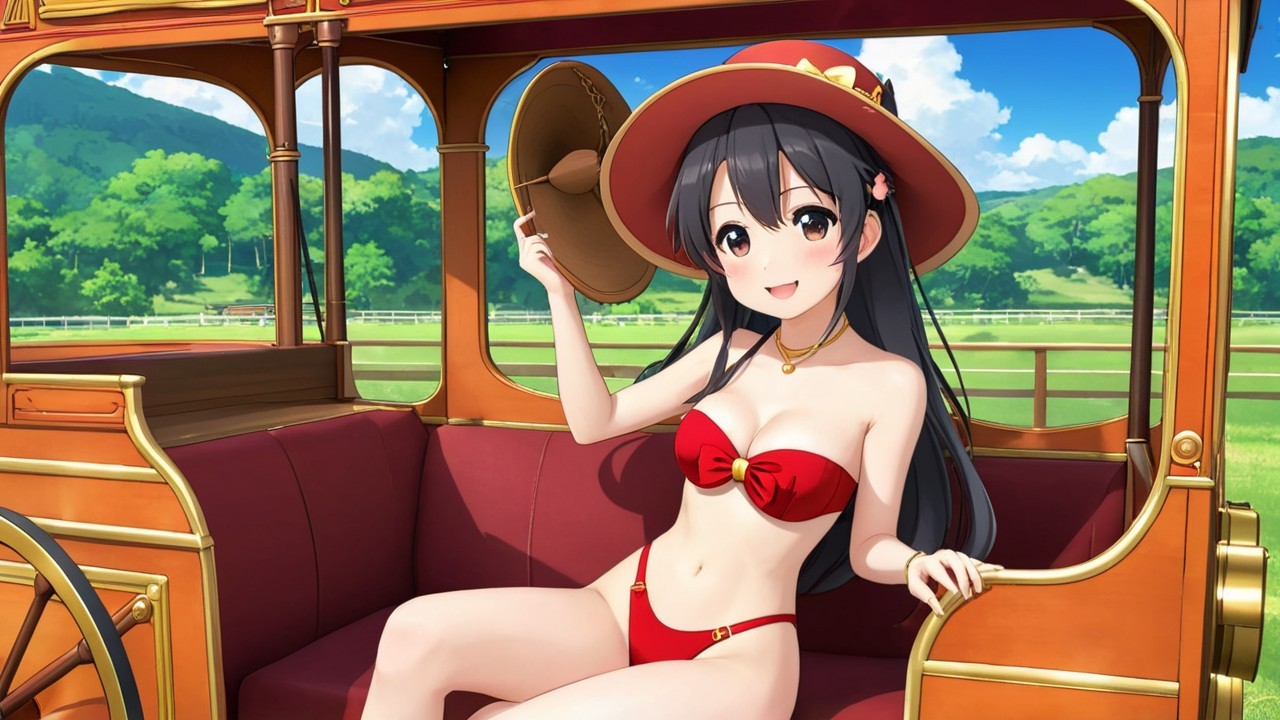 Young Woman in Vintage Carriage with Lush Background