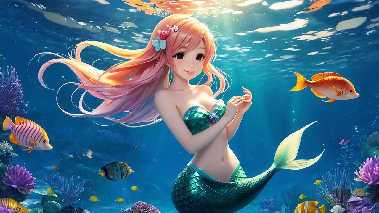 Whimsical Underwater Scene with Mermaid and Coral