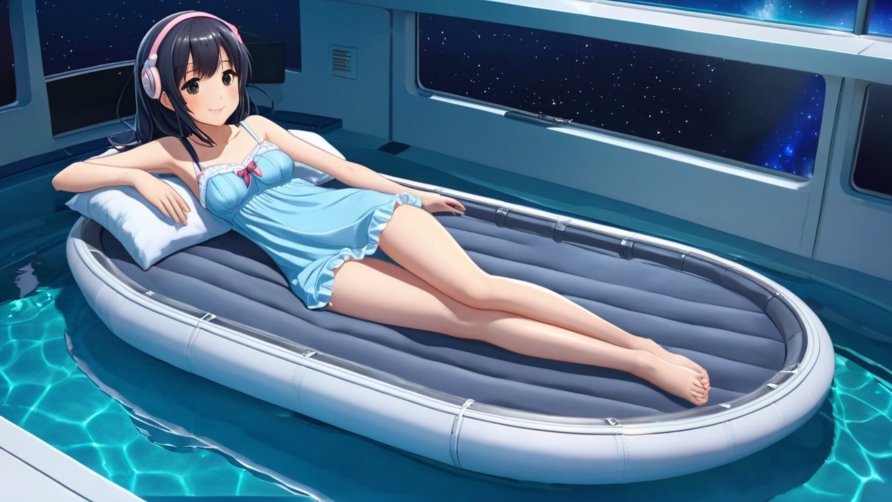 Young woman on futuristic mattress in starry pool scene