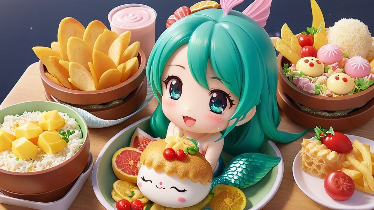 Mermaid Character Surrounded by Colorful Food Feast