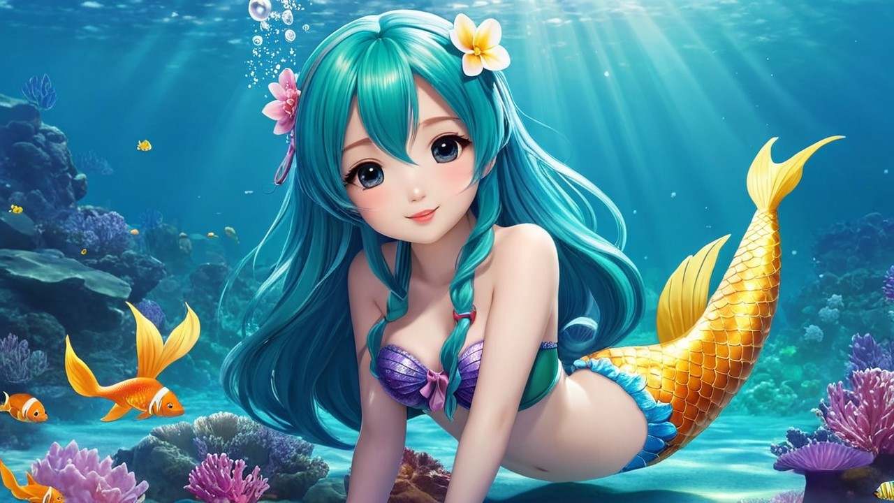 Whimsical Mermaid in a Colorful Underwater Scene