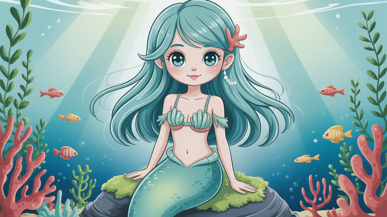 Cartoon Mermaid with Blue Hair in Underwater Scene