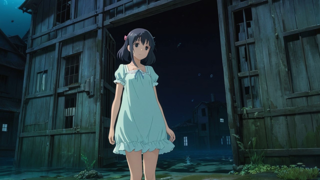 Young girl at a dilapidated wooden structure entrance