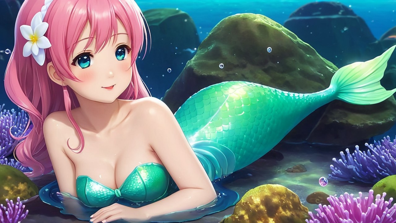 Vibrant underwater scene with a cheerful mermaid
