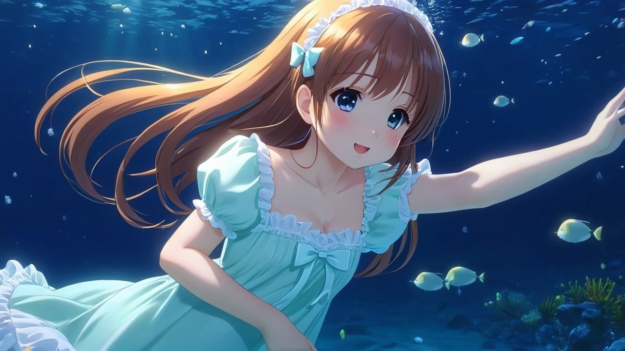 Anime girl swimming with fish in vibrant underwater scene