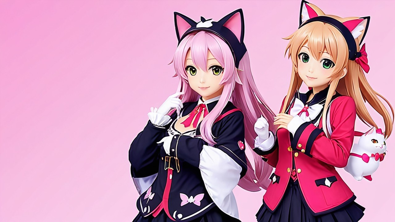 Anime Characters with Cat Ears Against Pink Background