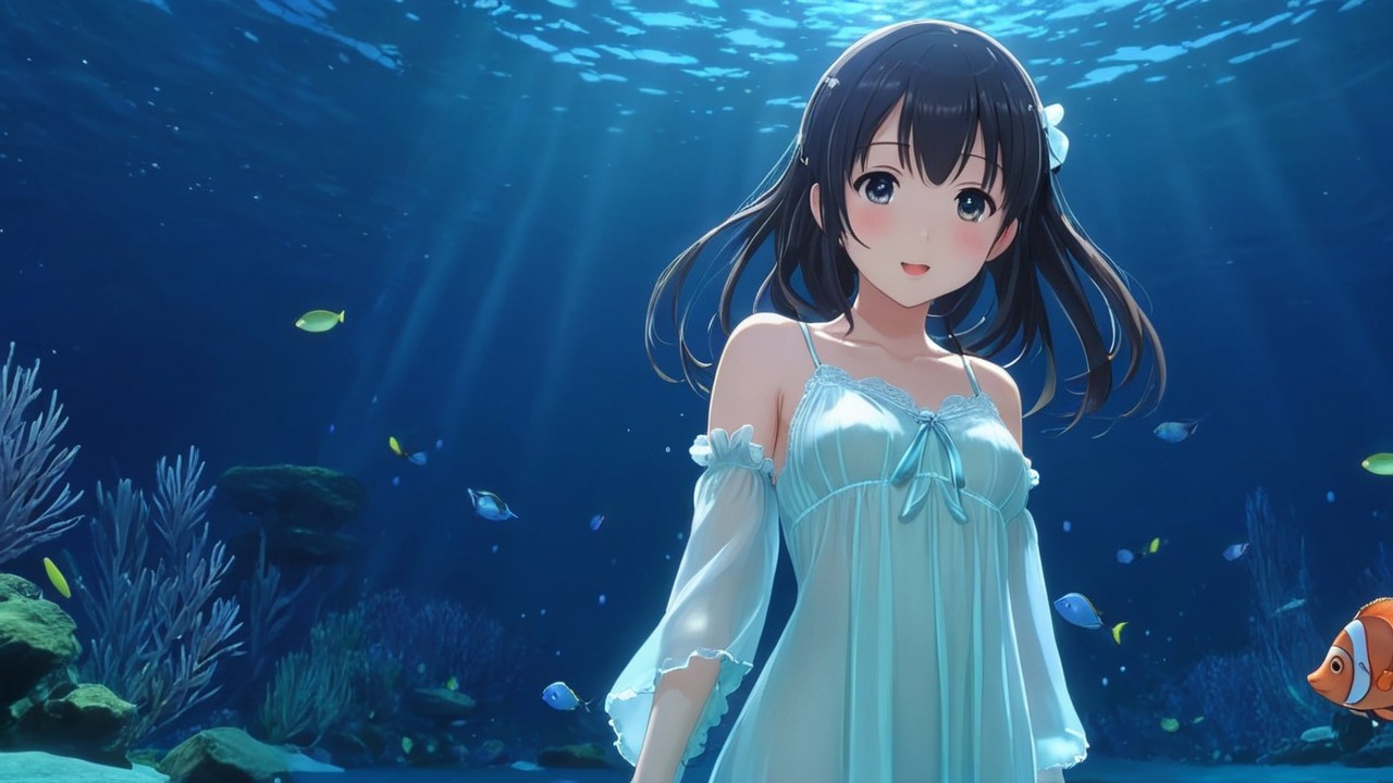 Young girl in flowing dress amid vibrant underwater scene