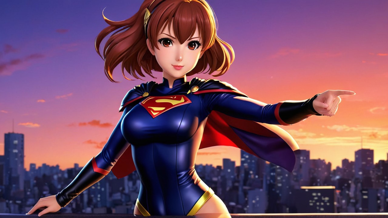 Anime-Inspired Heroine Against Sunset Skyline
