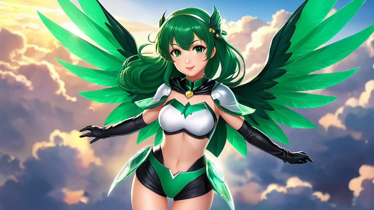 Vibrant character with green hair and feathered wings
