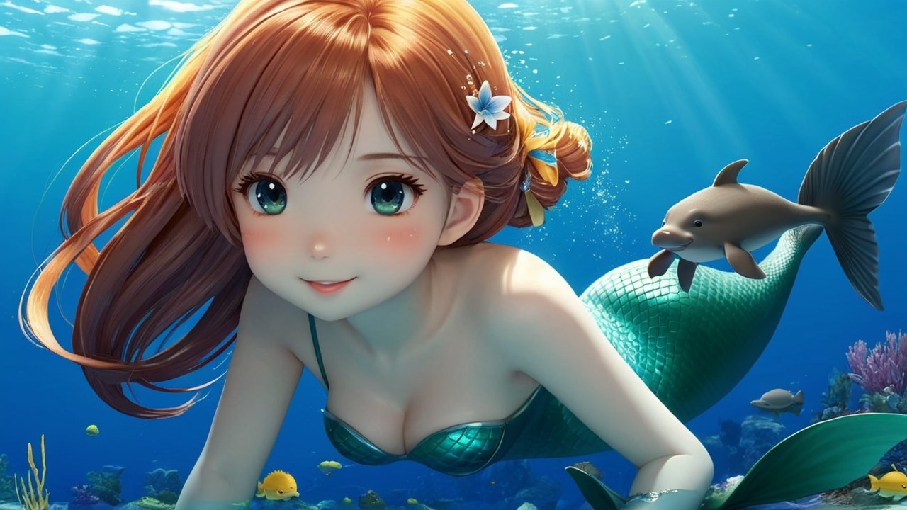 Whimsical Underwater Scene with Mermaid and Dolphin