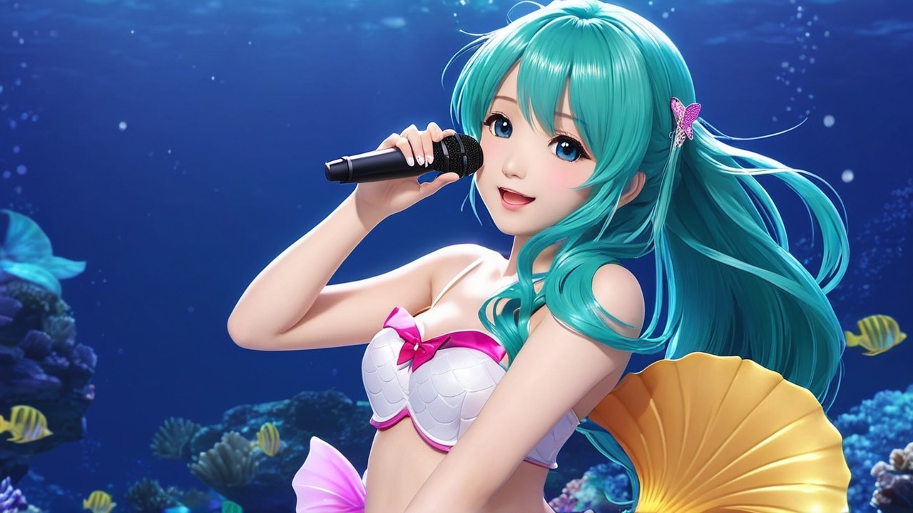 Vibrant Underwater Scene with Joyful Mermaid Singing