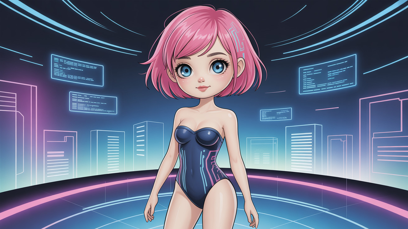 Anime Character in Dark Blue Swimsuit with Cityscape