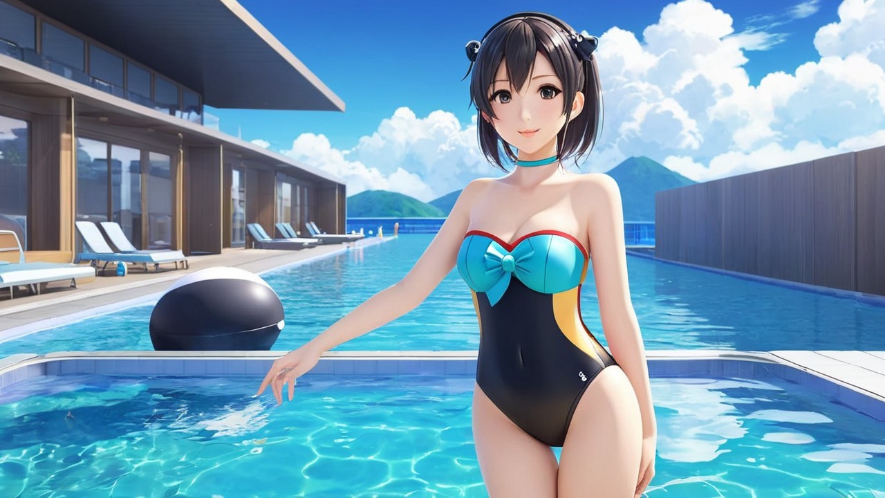 Young woman in stylish swimsuit by blue poolside