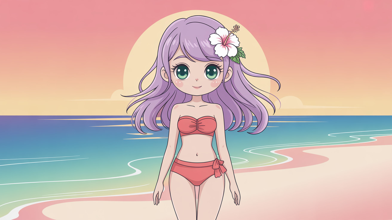Purple-Haired Anime Girl in Coral Bikini at Sunset