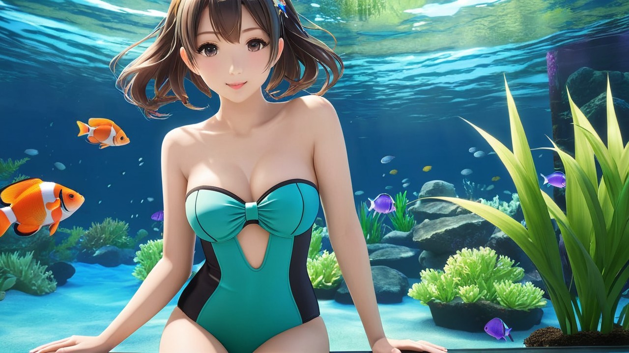 Underwater Scene with Woman in Teal Swimsuit and Fish