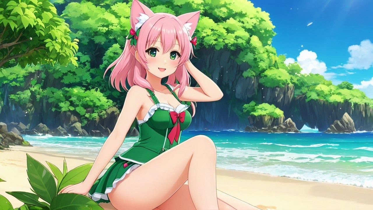 Vibrant Beach Scene with Animated Girl and Waves