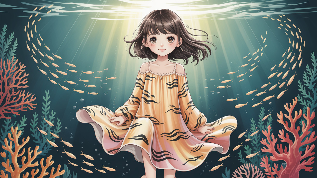 Anime girl in golden dress underwater with fish and coral