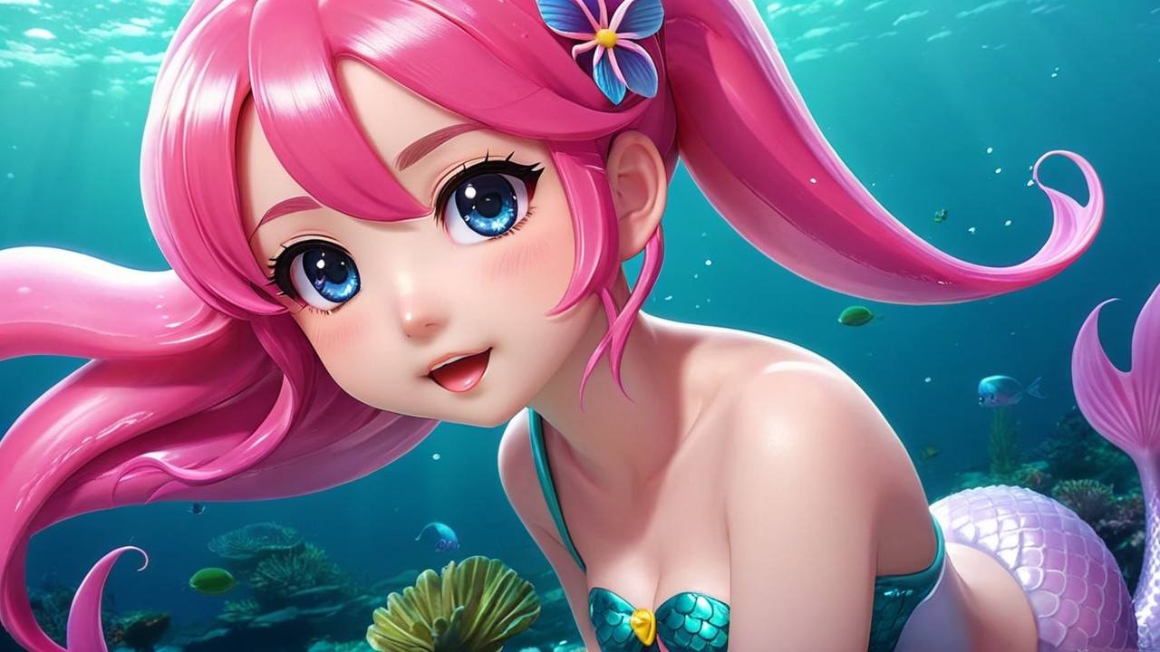 Whimsical Mermaid in a Colorful Underwater Scene