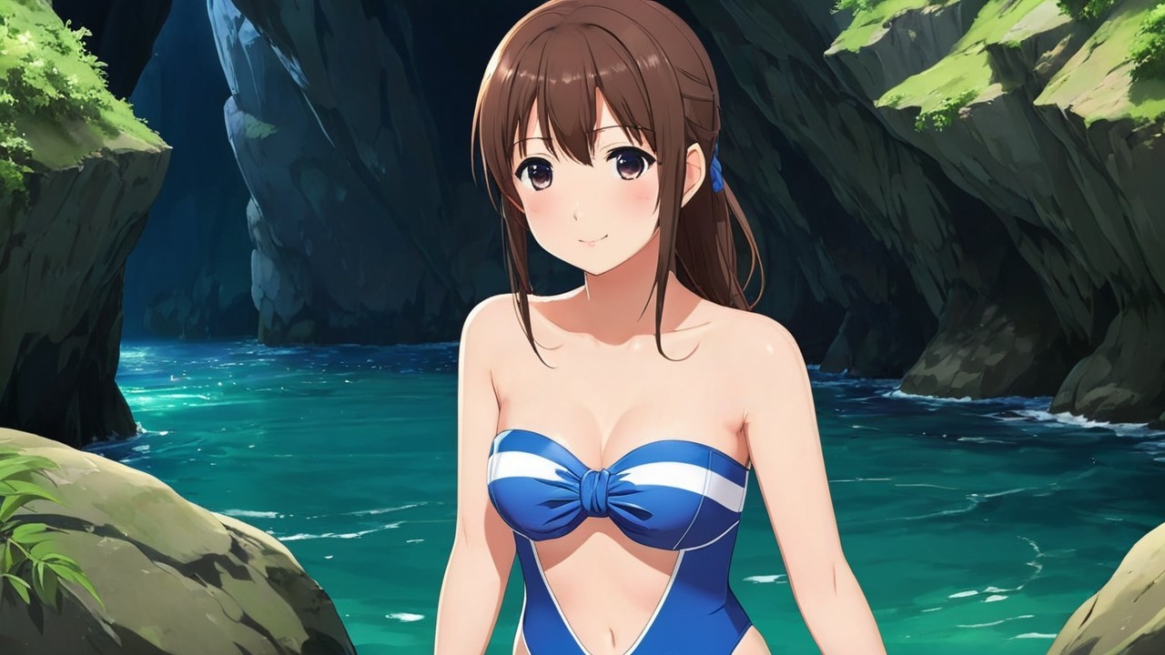 Young Woman in Blue Swimsuit by Serene Water Body