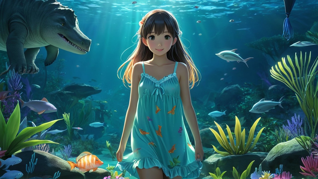 Underwater Scene with Girl in Blue Dress and Fish