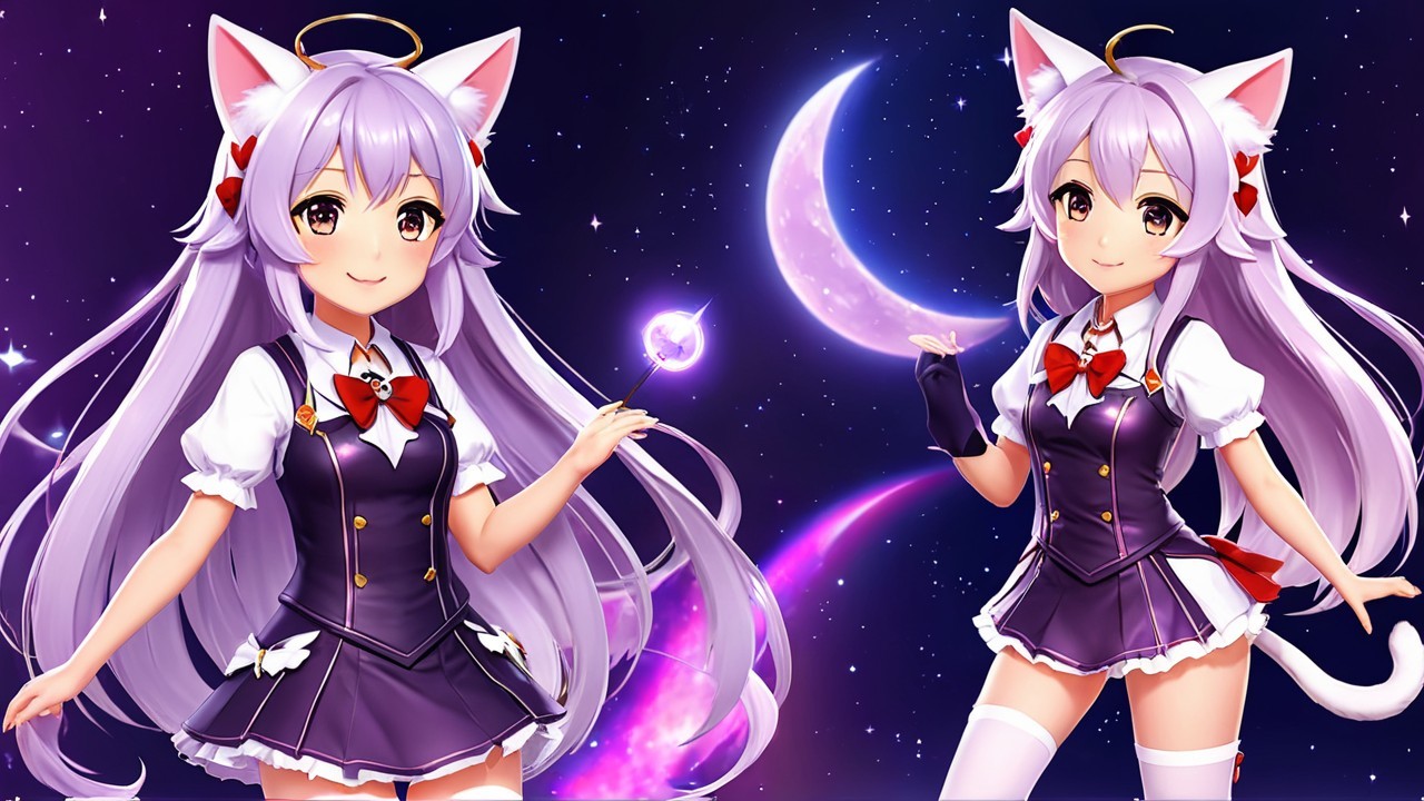 Anime character with lavender hair and cosmic backdrop