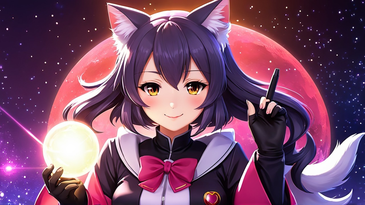 Anime Character with Cat Ears and Red Moon Background